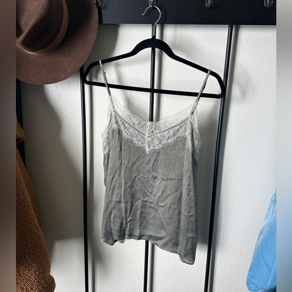 Zara grey silky lace trim neckline spaghetti strap blouse tank top shirt slip - Picture 1 of 4